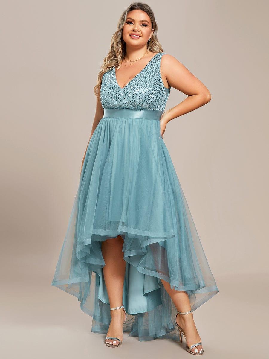 pretty CALLIE|Plus Size Sleeveless Sequin Ribbon Waist Tulle High Low Evening Dress