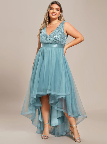 pretty CALLIE|Plus Size Sleeveless Sequin Ribbon Waist Tulle High Low Evening Dress