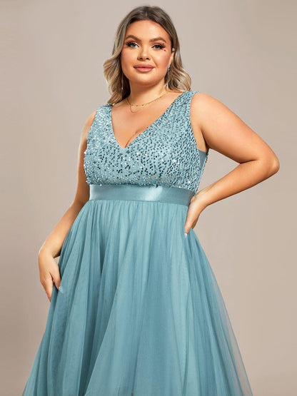 pretty CALLIE|Plus Size Sleeveless Sequin Ribbon Waist Tulle High Low Evening Dress