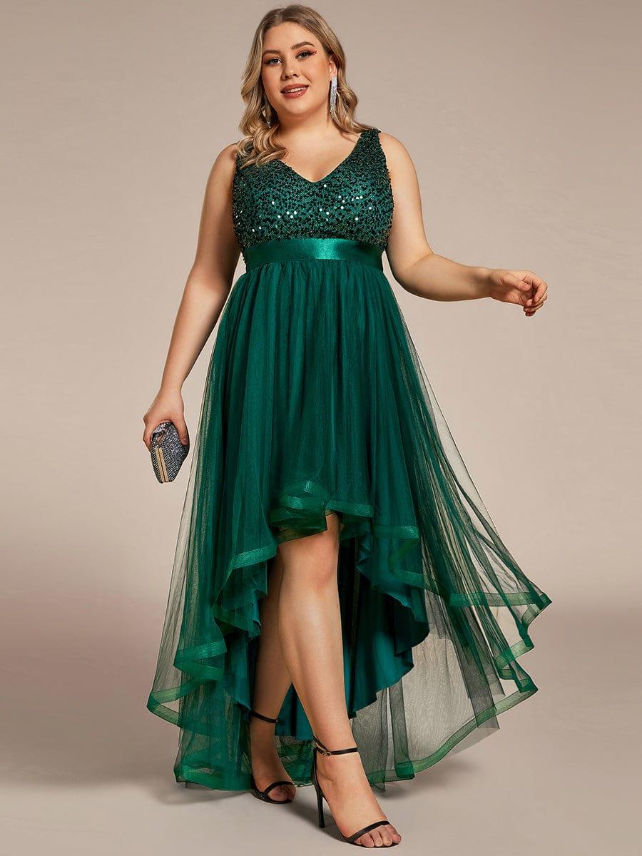 pretty CALLIE|Plus Size Sleeveless Sequin Ribbon Waist Tulle High Low Evening Dress