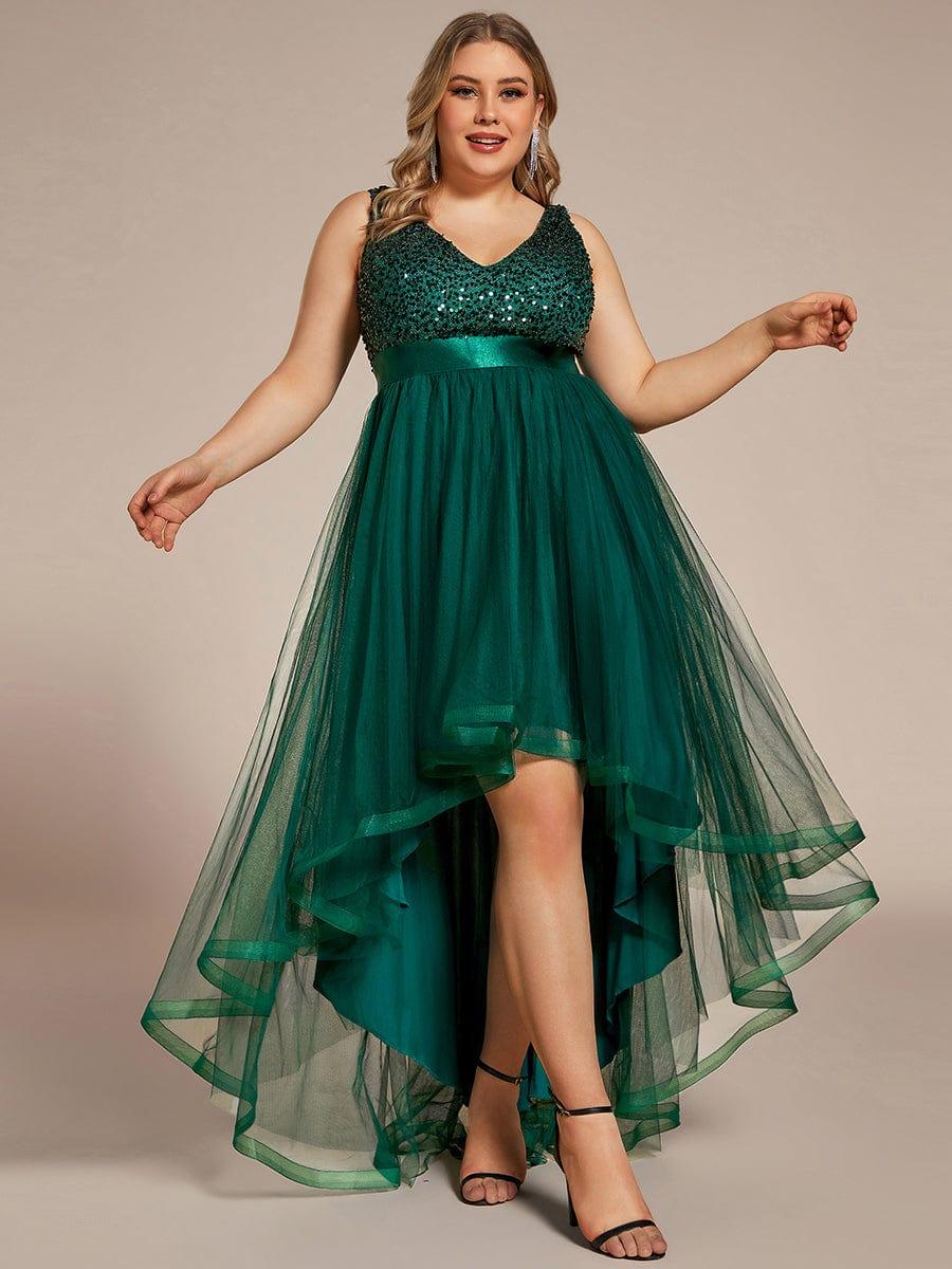 pretty CALLIE|Plus Size Sleeveless Sequin Ribbon Waist Tulle High Low Evening Dress