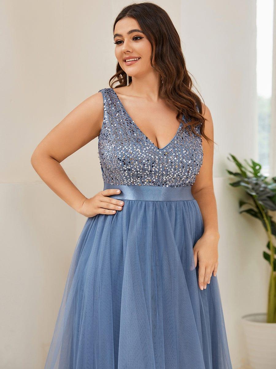 pretty CALLIE|Plus Size Sleeveless Sequin Ribbon Waist Tulle High Low Evening Dress