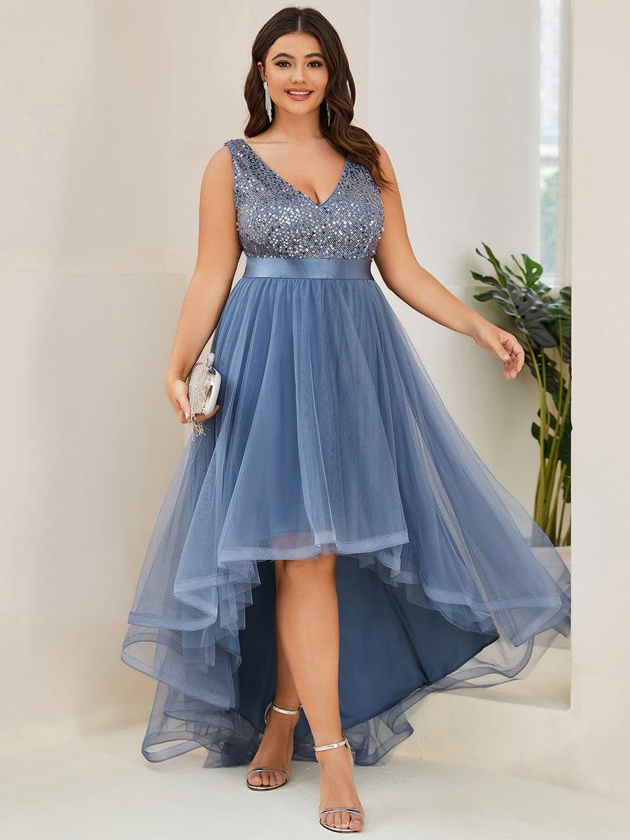 pretty CALLIE|Plus Size Sleeveless Sequin Ribbon Waist Tulle High Low Evening Dress