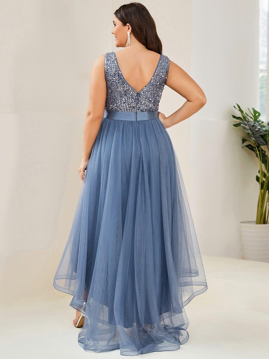pretty CALLIE|Plus Size Sleeveless Sequin Ribbon Waist Tulle High Low Evening Dress