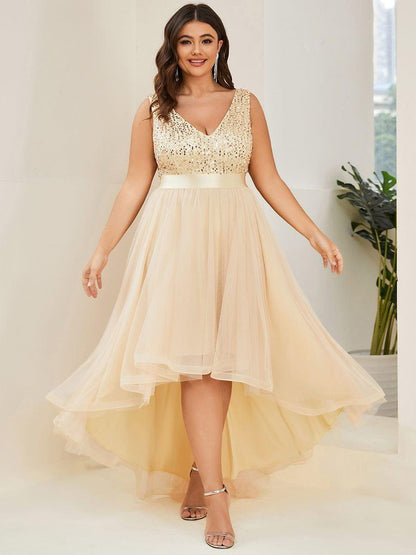 pretty CALLIE|Plus Size Sleeveless Sequin Ribbon Waist Tulle High Low Evening Dress