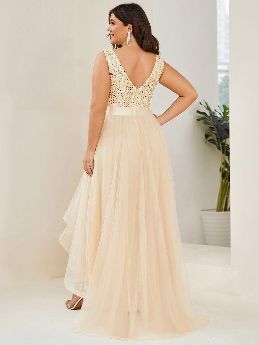 pretty CALLIE|Plus Size Sleeveless Sequin Ribbon Waist Tulle High Low Evening Dress
