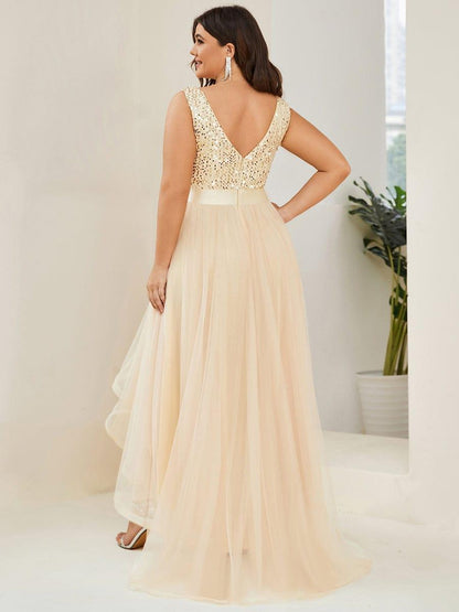 pretty CALLIE|Plus Size Sleeveless Sequin Ribbon Waist Tulle High Low Evening Dress