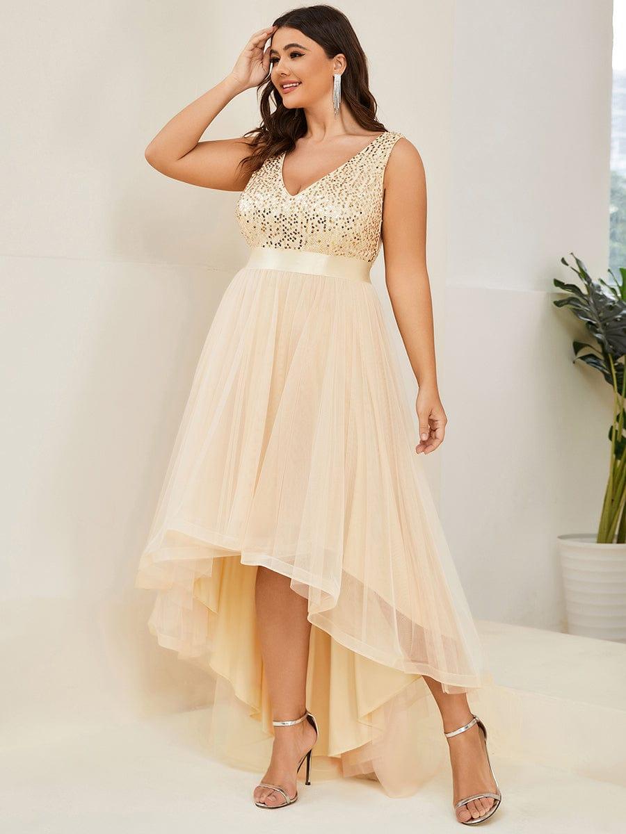 pretty CALLIE|Plus Size Sleeveless Sequin Ribbon Waist Tulle High Low Evening Dress