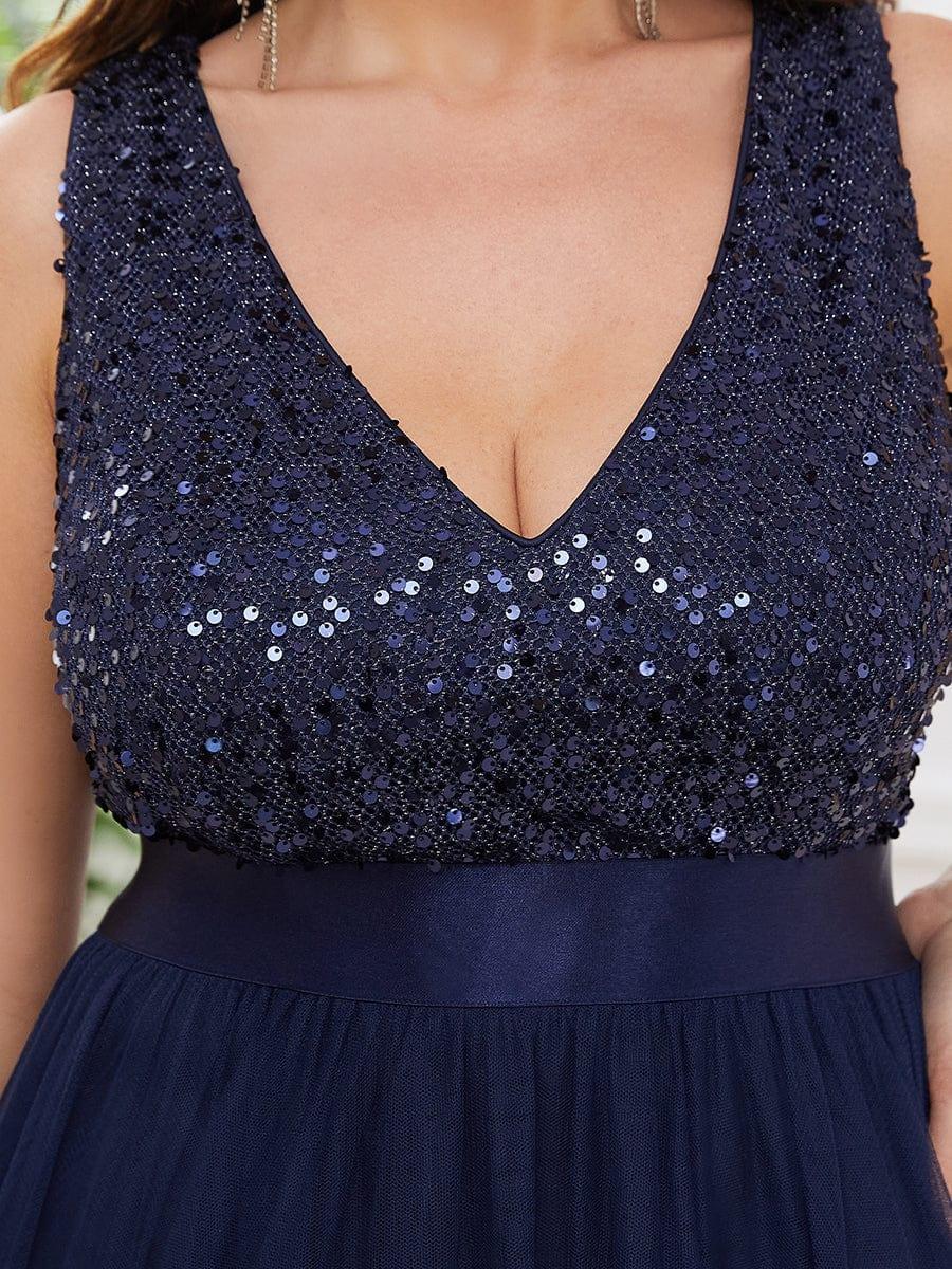 pretty CALLIE|Plus Size Sleeveless Sequin Ribbon Waist Tulle High Low Evening Dress