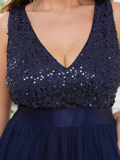 pretty CALLIE|Plus Size Sleeveless Sequin Ribbon Waist Tulle High Low Evening Dress