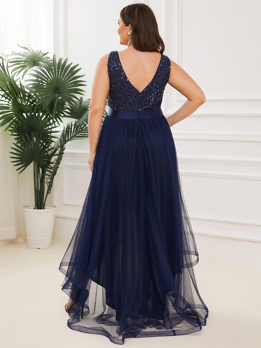 pretty CALLIE|Plus Size Sleeveless Sequin Ribbon Waist Tulle High Low Evening Dress