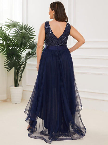 pretty CALLIE|Plus Size Sleeveless Sequin Ribbon Waist Tulle High Low Evening Dress