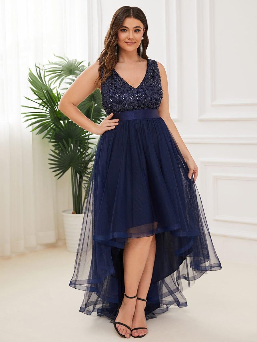 pretty CALLIE|Plus Size Sleeveless Sequin Ribbon Waist Tulle High Low Evening Dress