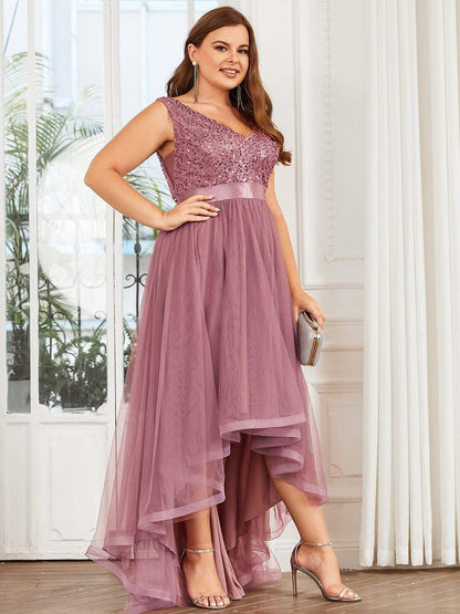 pretty CALLIE|Plus Size Sleeveless Sequin Ribbon Waist Tulle High Low Evening Dress