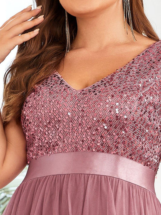 pretty CALLIE|Plus Size Sleeveless Sequin Ribbon Waist Tulle High Low Evening Dress
