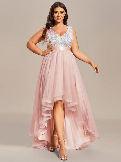 pretty CALLIE|Plus Size Sleeveless Sequin Ribbon Waist Tulle High Low Evening Dress