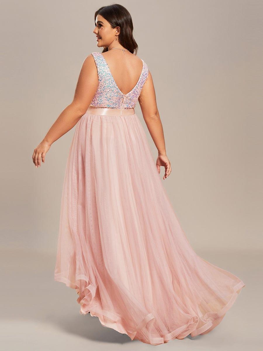 pretty CALLIE|Plus Size Sleeveless Sequin Ribbon Waist Tulle High Low Evening Dress