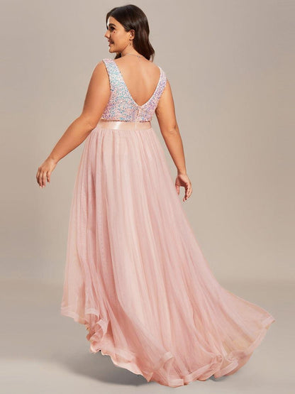 pretty CALLIE|Plus Size Sleeveless Sequin Ribbon Waist Tulle High Low Evening Dress