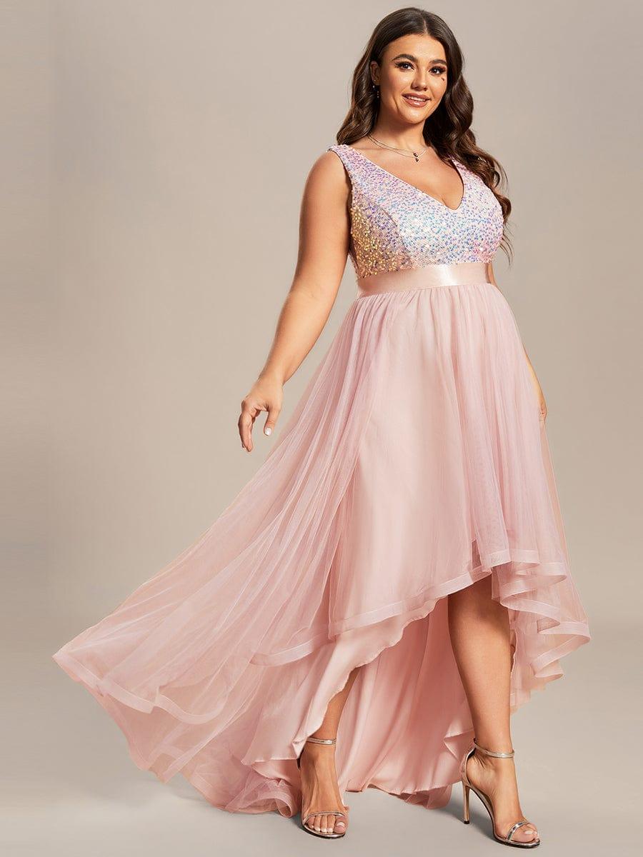 pretty CALLIE|Plus Size Sleeveless Sequin Ribbon Waist Tulle High Low Evening Dress