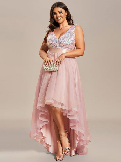 pretty CALLIE|Plus Size Sleeveless Sequin Ribbon Waist Tulle High Low Evening Dress