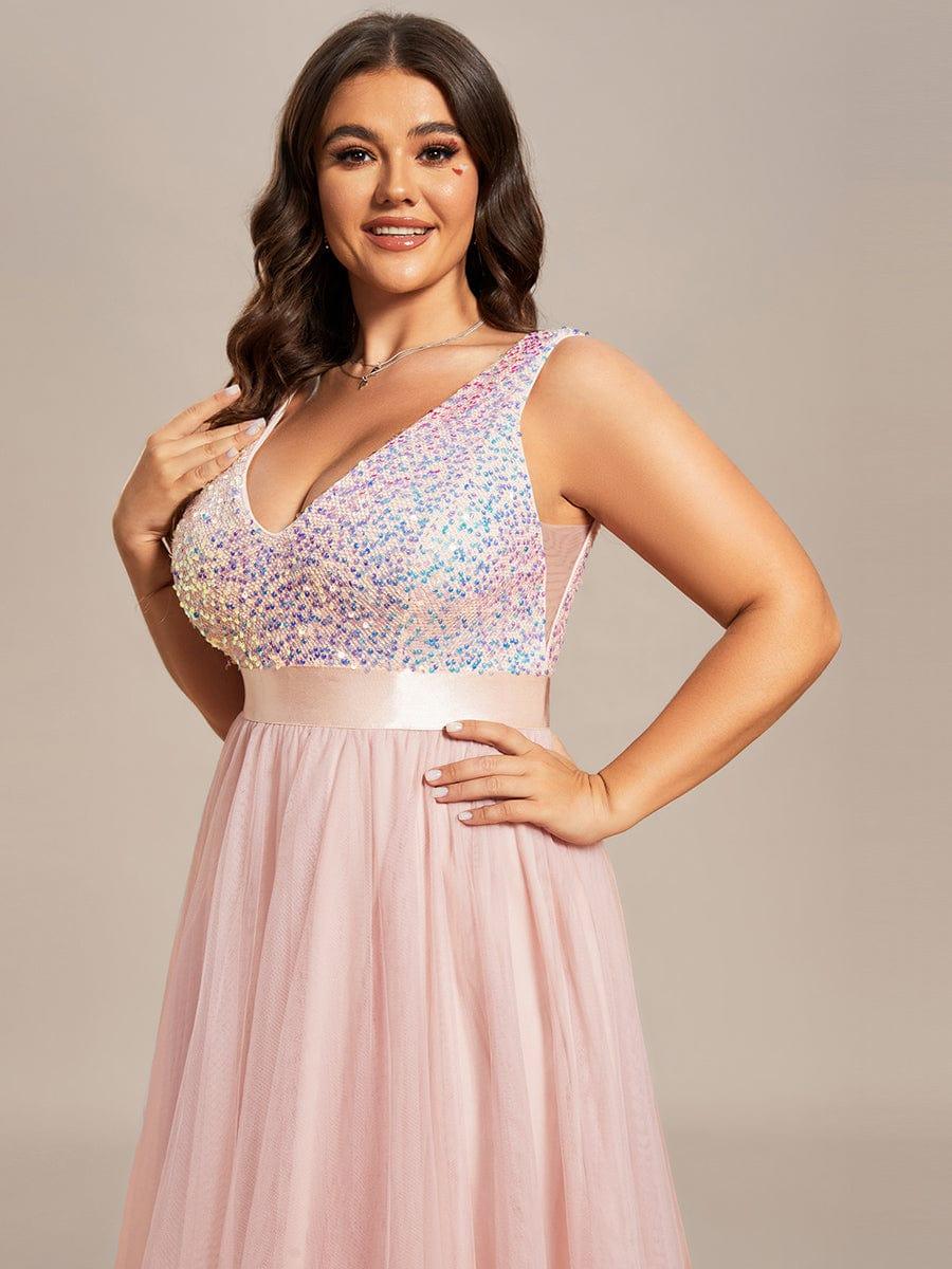 pretty CALLIE|Plus Size Sleeveless Sequin Ribbon Waist Tulle High Low Evening Dress