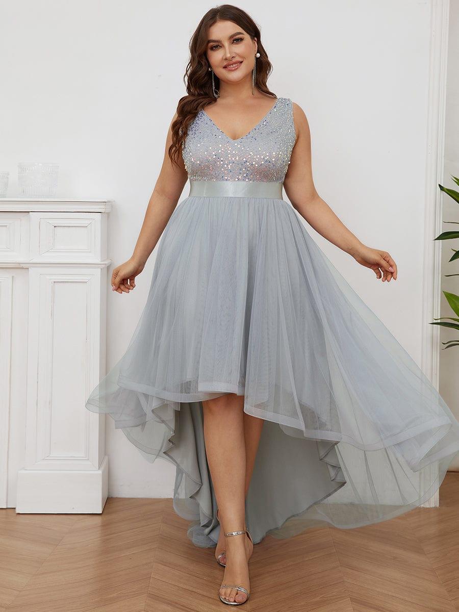 pretty CALLIE|Plus Size Sleeveless Sequin Ribbon Waist Tulle High Low Evening Dress