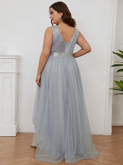 pretty CALLIE|Plus Size Sleeveless Sequin Ribbon Waist Tulle High Low Evening Dress