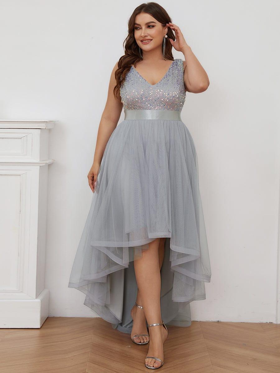 pretty CALLIE|Plus Size Sleeveless Sequin Ribbon Waist Tulle High Low Evening Dress
