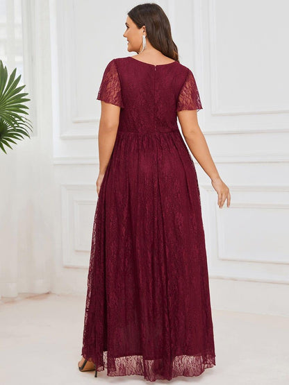 pretty ELISE|Plus Size Short Sleeve Ruffled V-Neck A-Line Lace Wedding Guest Dress