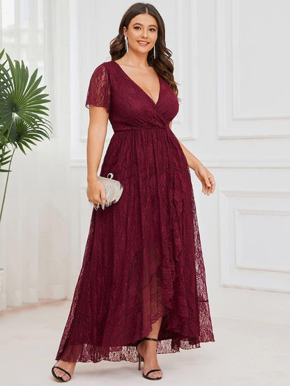 pretty ELISE|Plus Size Short Sleeve Ruffled V-Neck A-Line Lace Wedding Guest Dress
