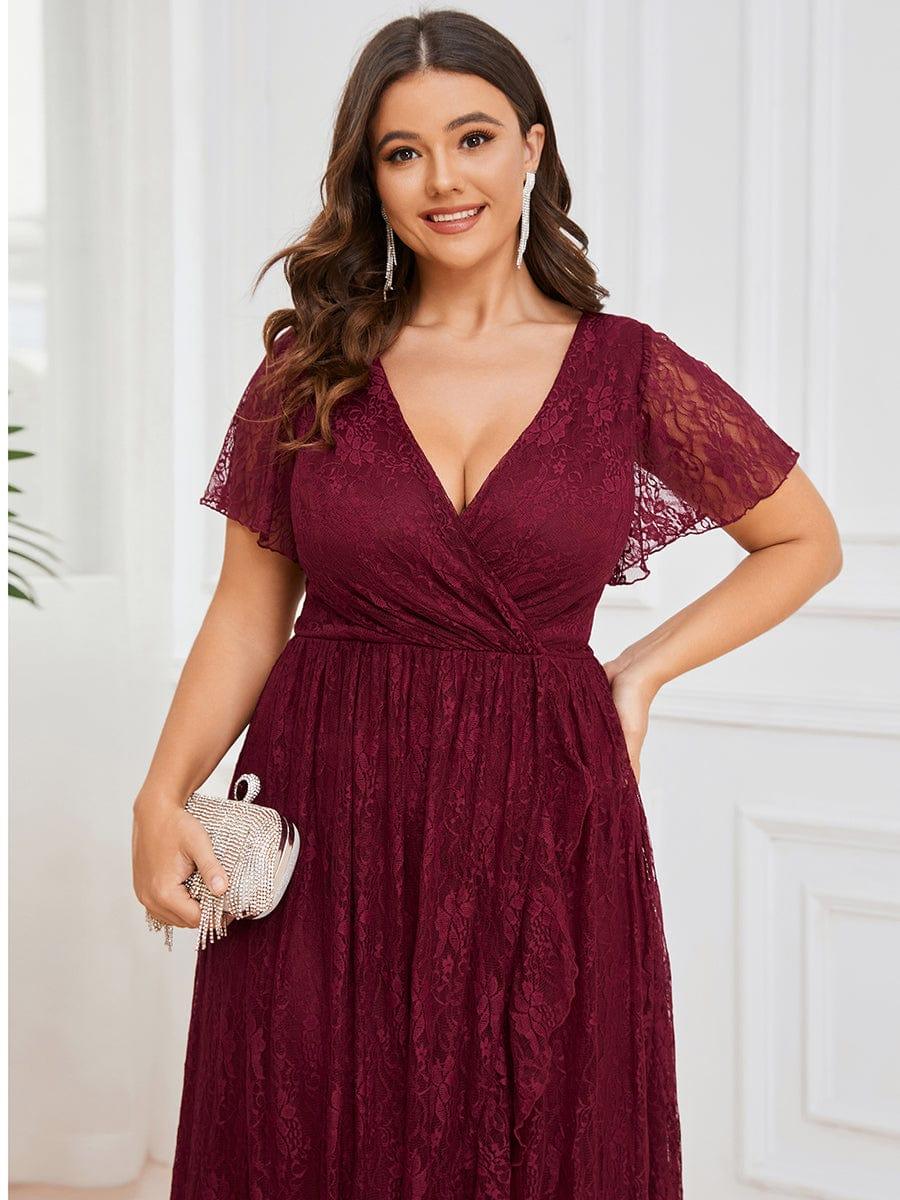 pretty ELISE|Plus Size Short Sleeve Ruffled V-Neck A-Line Lace Wedding Guest Dress