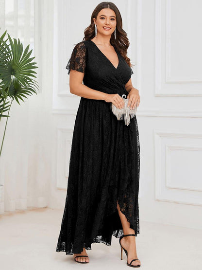pretty ELISE|Plus Size Short Sleeve Ruffled V-Neck A-Line Lace Wedding Guest Dress