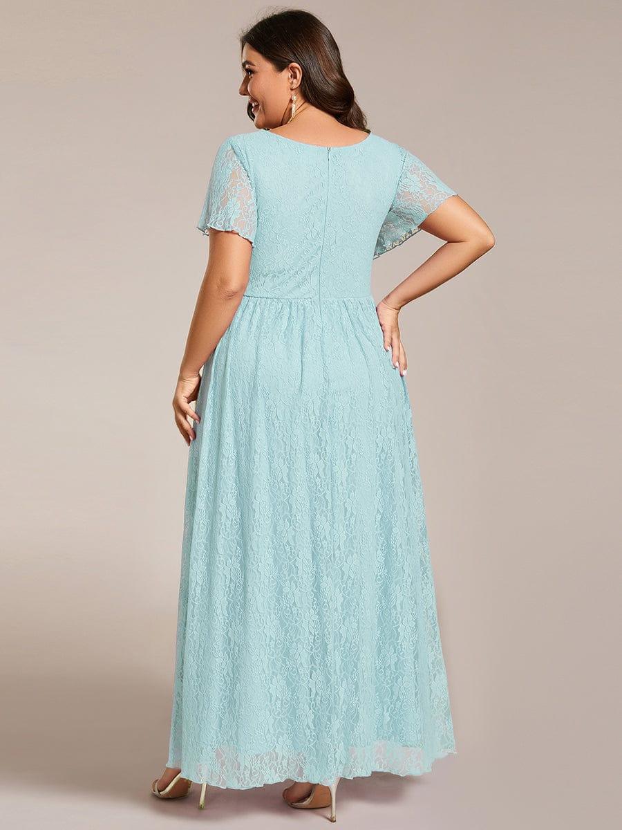 pretty ELISE|Plus Size Short Sleeve Ruffled V-Neck A-Line Lace Wedding Guest Dress