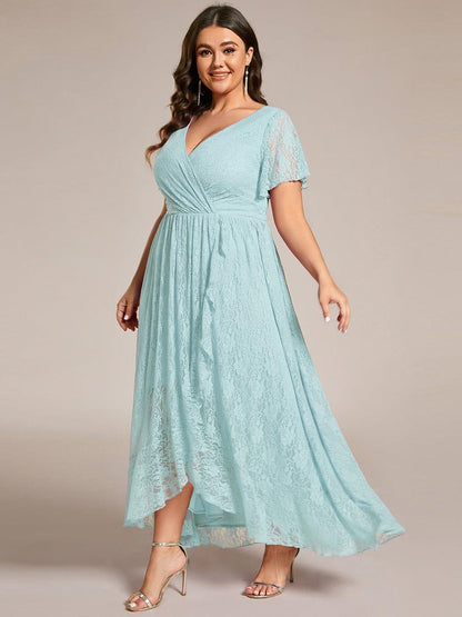 pretty ELISE|Plus Size Short Sleeve Ruffled V-Neck A-Line Lace Wedding Guest Dress