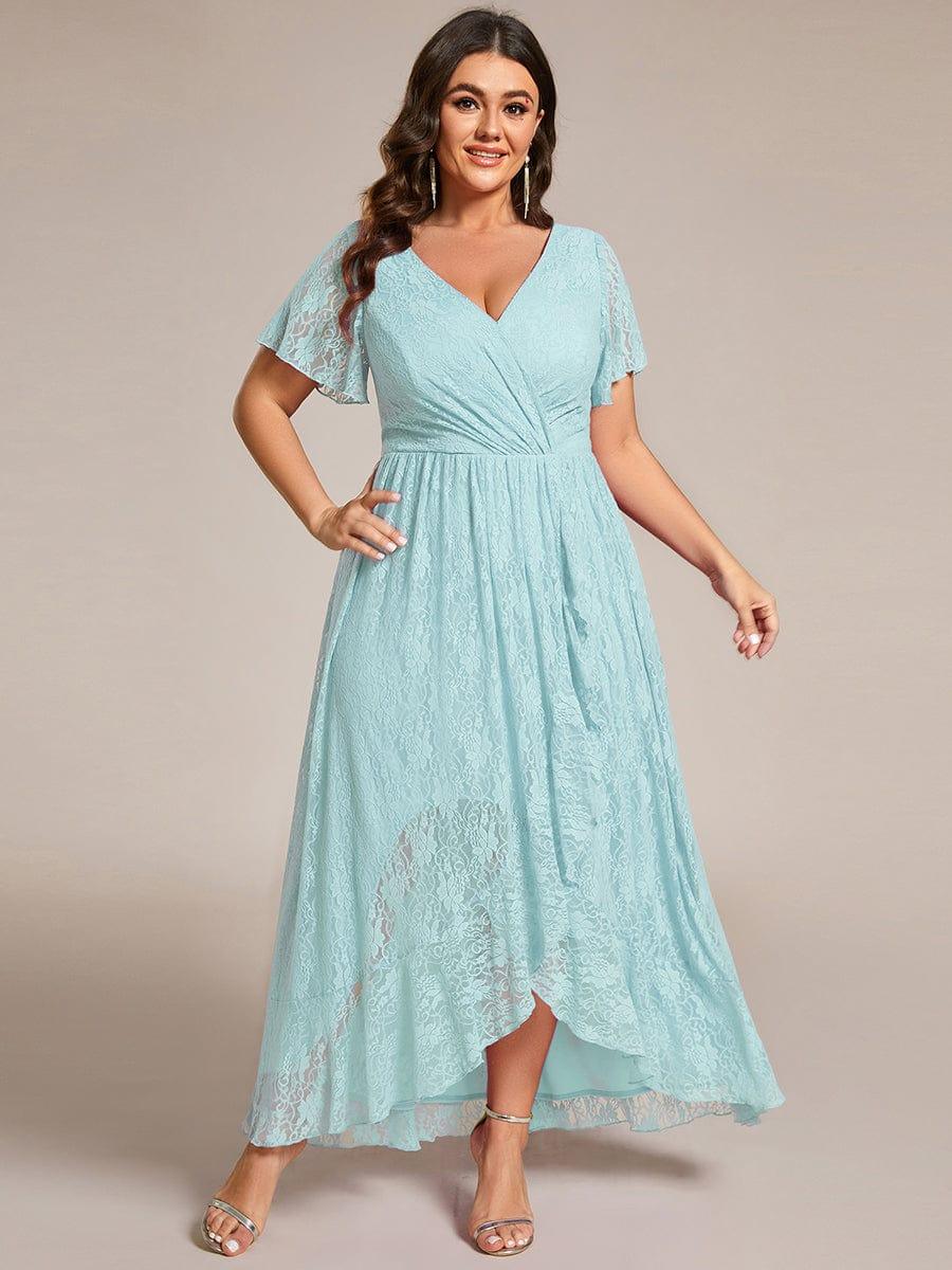 pretty ELISE|Plus Size Short Sleeve Ruffled V-Neck A-Line Lace Wedding Guest Dress