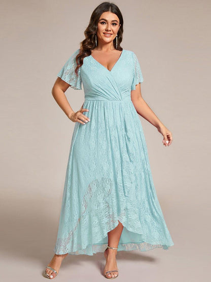 pretty ELISE|Plus Size Short Sleeve Ruffled V-Neck A-Line Lace Wedding Guest Dress
