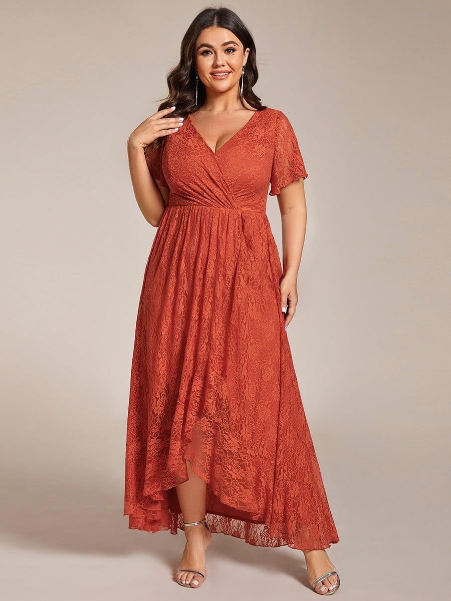 pretty ELISE|Plus Size Short Sleeve Ruffled V-Neck A-Line Lace Wedding Guest Dress