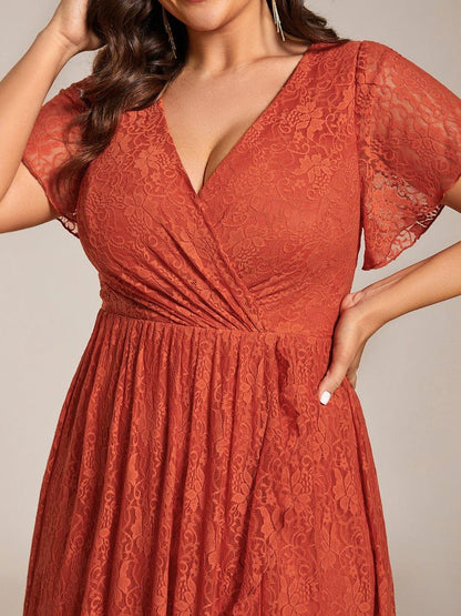 pretty ELISE|Plus Size Short Sleeve Ruffled V-Neck A-Line Lace Wedding Guest Dress