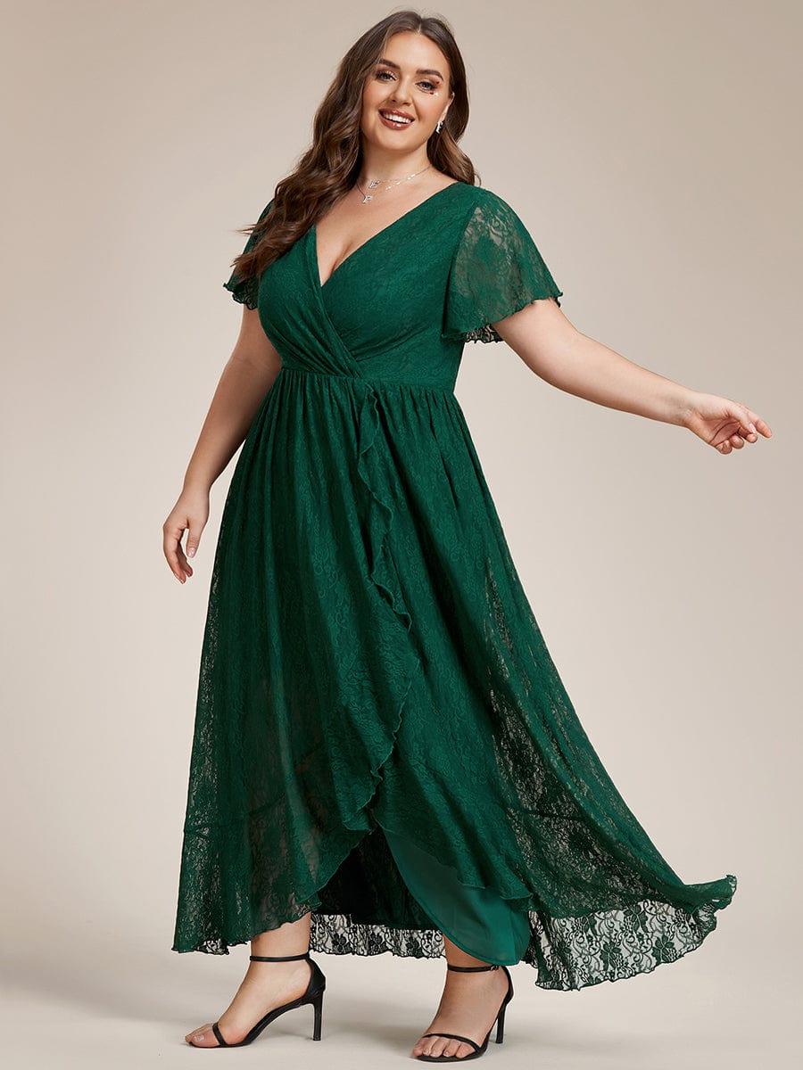 pretty ELISE|Plus Size Short Sleeve Ruffled V-Neck A-Line Lace Wedding Guest Dress