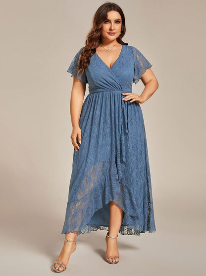 pretty ELISE|Plus Size Short Sleeve Ruffled V-Neck A-Line Lace Wedding Guest Dress