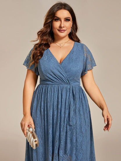 pretty ELISE|Plus Size Short Sleeve Ruffled V-Neck A-Line Lace Wedding Guest Dress