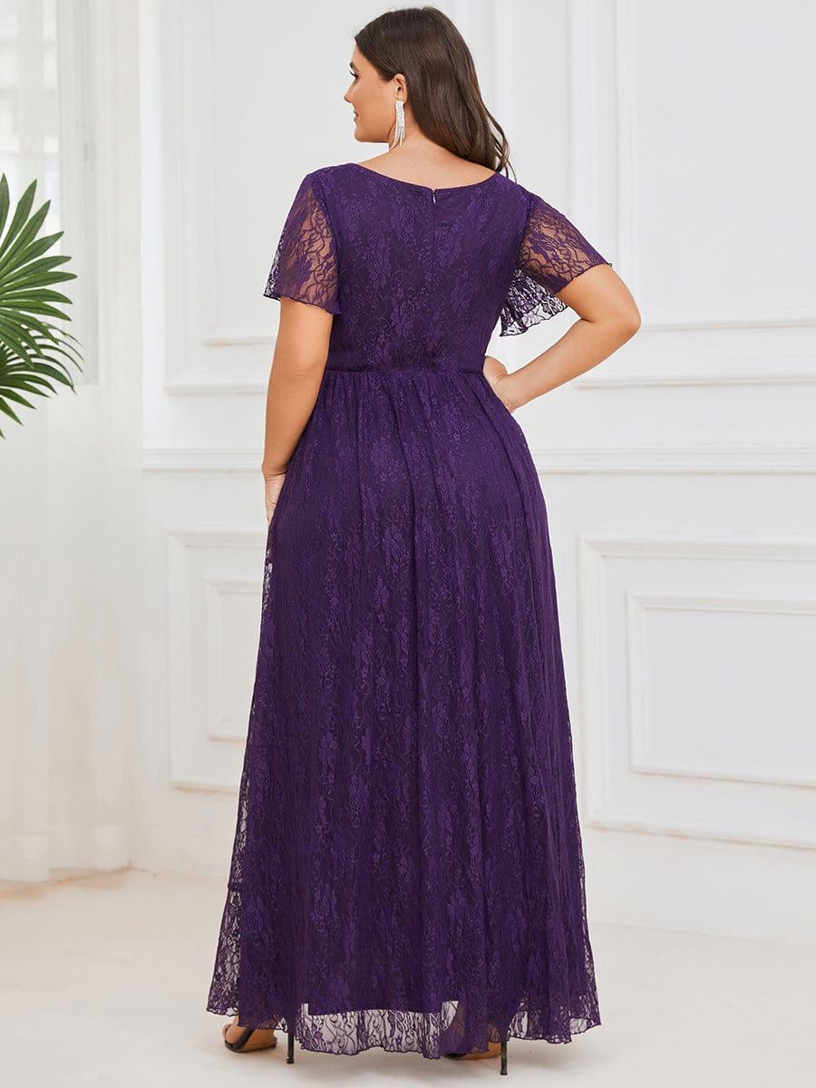 pretty ELISE|Plus Size Short Sleeve Ruffled V-Neck A-Line Lace Wedding Guest Dress