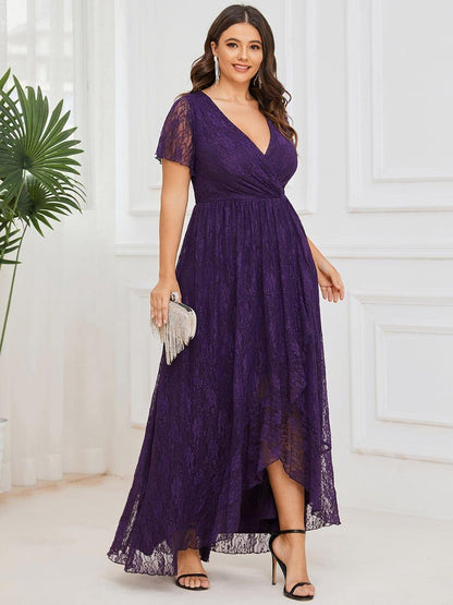 pretty ELISE|Plus Size Short Sleeve Ruffled V-Neck A-Line Lace Wedding Guest Dress