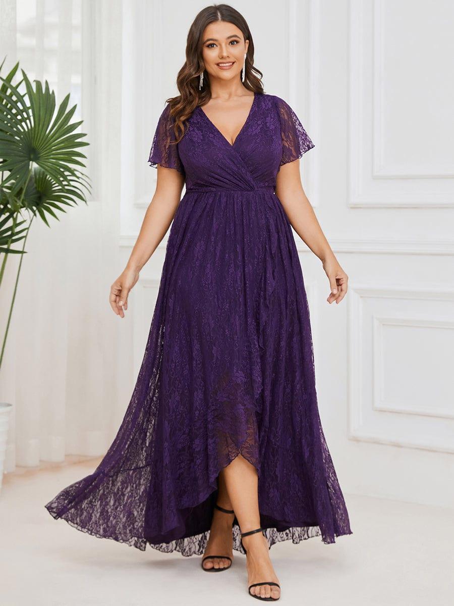 pretty ELISE|Plus Size Short Sleeve Ruffled V-Neck A-Line Lace Wedding Guest Dress