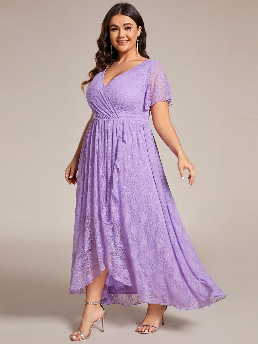pretty ELISE|Plus Size Short Sleeve Ruffled V-Neck A-Line Lace Wedding Guest Dress