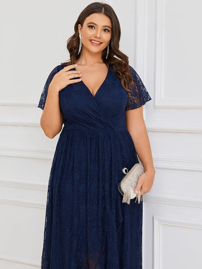 pretty ELISE|Plus Size Short Sleeve Ruffled V-Neck A-Line Lace Wedding Guest Dress