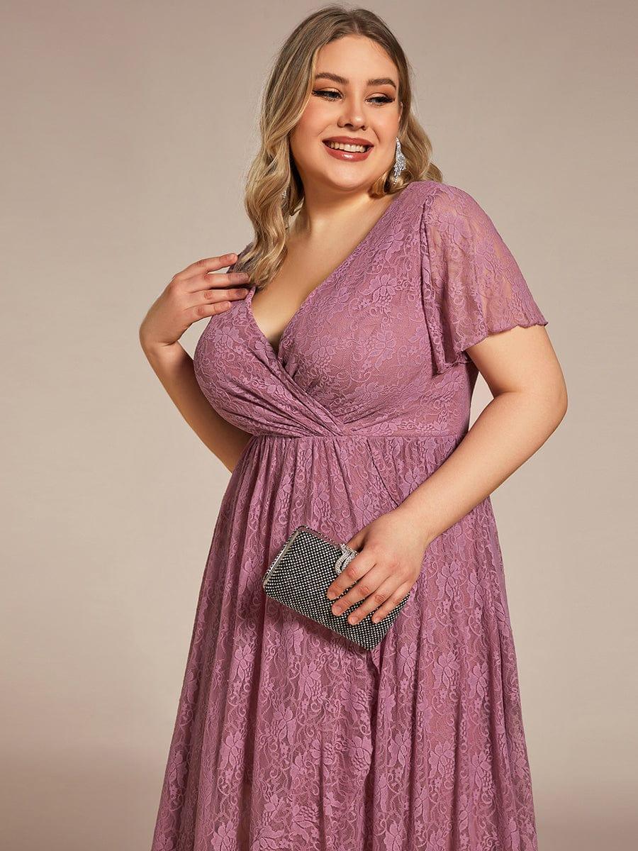 pretty ELISE|Plus Size Short Sleeve Ruffled V-Neck A-Line Lace Wedding Guest Dress