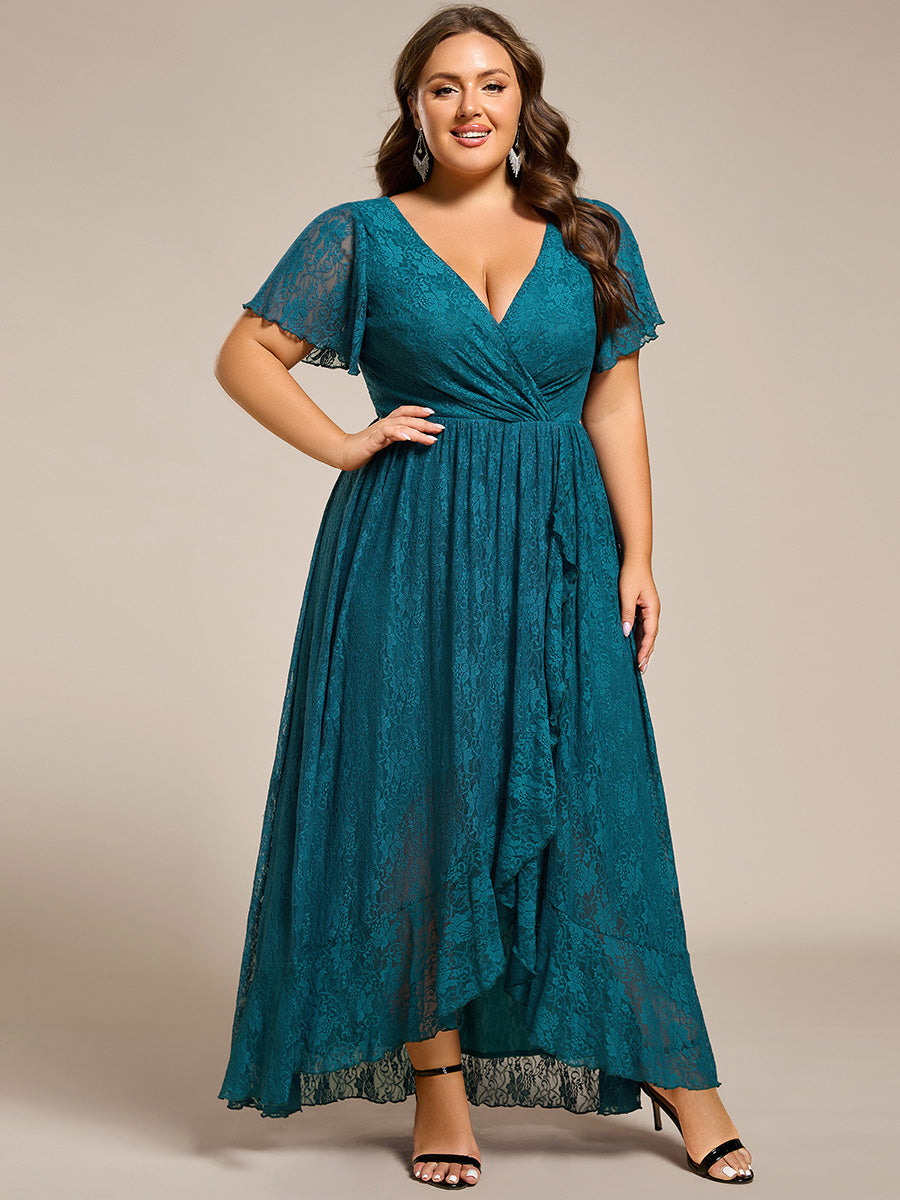pretty ELISE|Plus Size Short Sleeve Ruffled V-Neck A-Line Lace Wedding Guest Dress