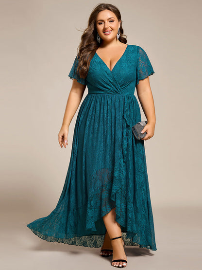 pretty ELISE|Plus Size Short Sleeve Ruffled V-Neck A-Line Lace Wedding Guest Dress