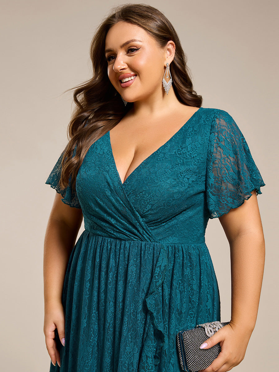 pretty ELISE|Plus Size Short Sleeve Ruffled V-Neck A-Line Lace Wedding Guest Dress